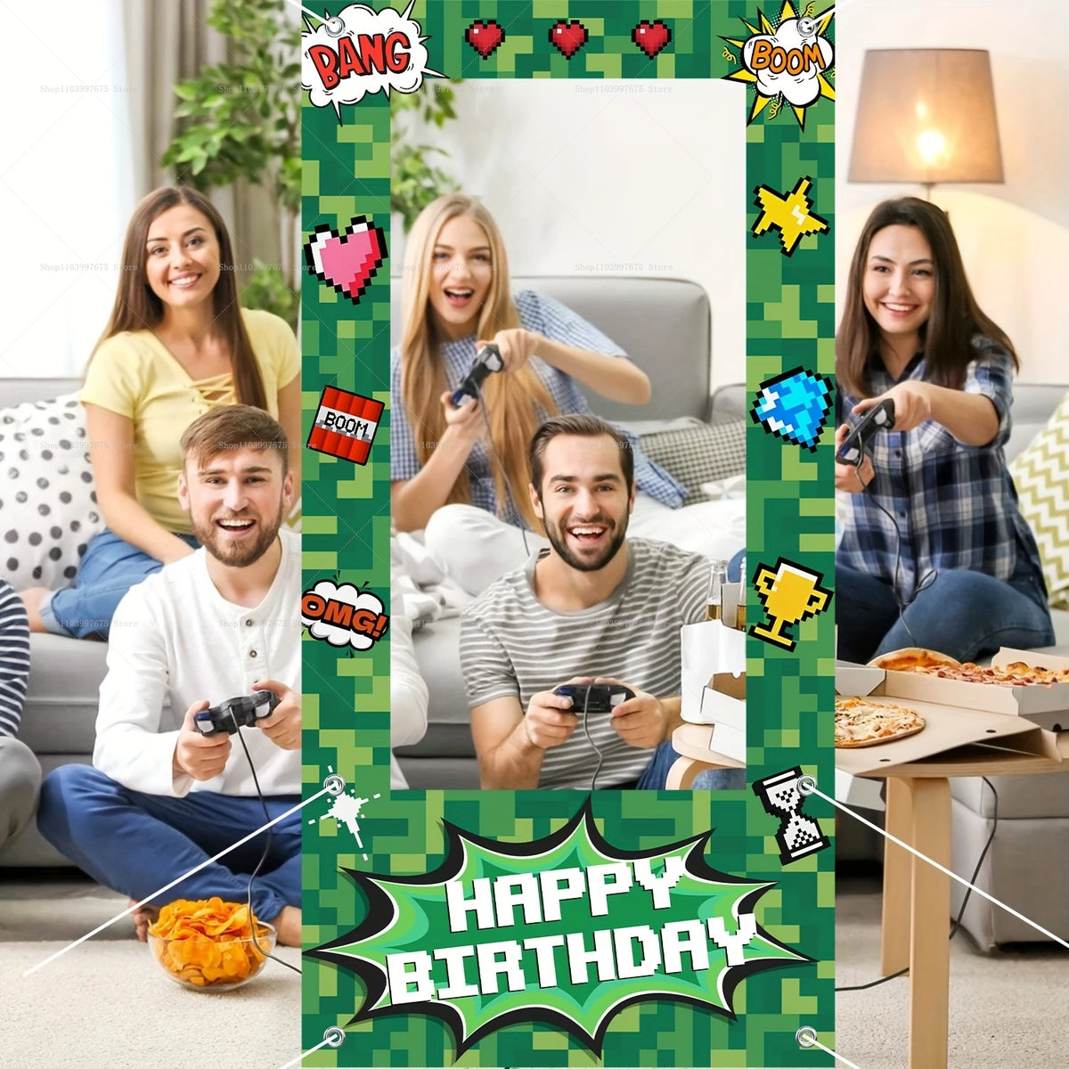 cadre photo vert blanc pixelisé bulles dialogues mariage anniversaire événement clips thèmes jeux vidéos