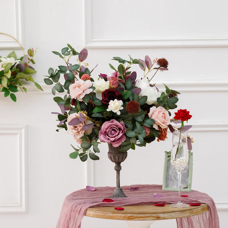 bouquet fleurs artificiel rose blanc vert vase métallique vieilli classique événement maison decoration