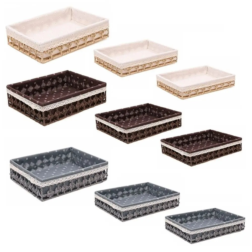 paniers rangement rustique tissu motif géométrique beige gris marron opacité crocheté multifonctionnels