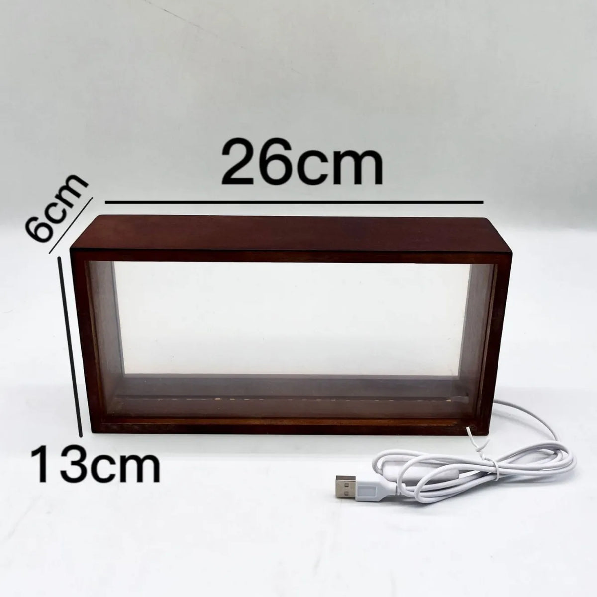boîte lumineuse transparente moderne bois naturel blanc câble usb 26cm 13cm 6cm