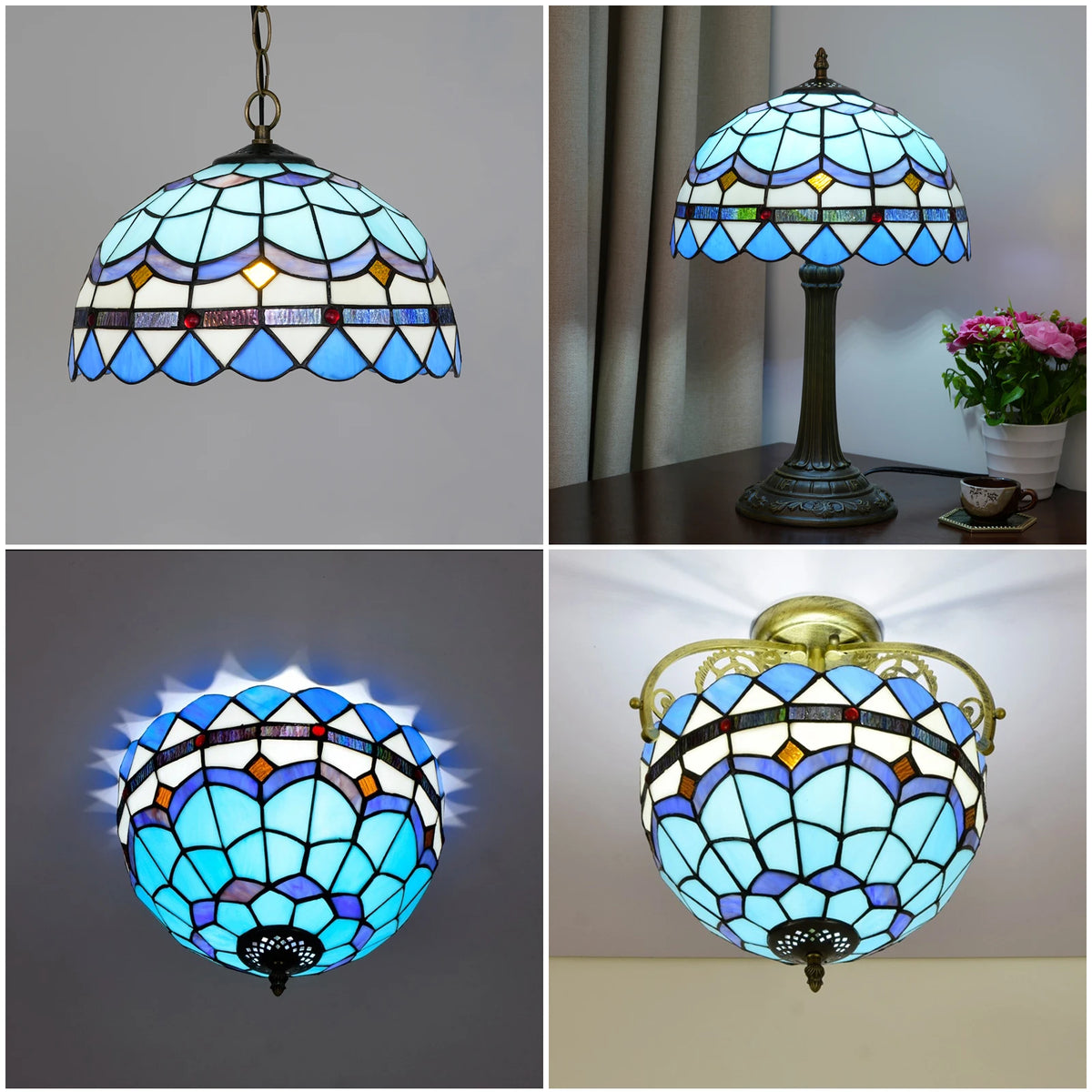 lampe tiffany bleu mosaïque art nouveau géométrique opacité base câble électrique