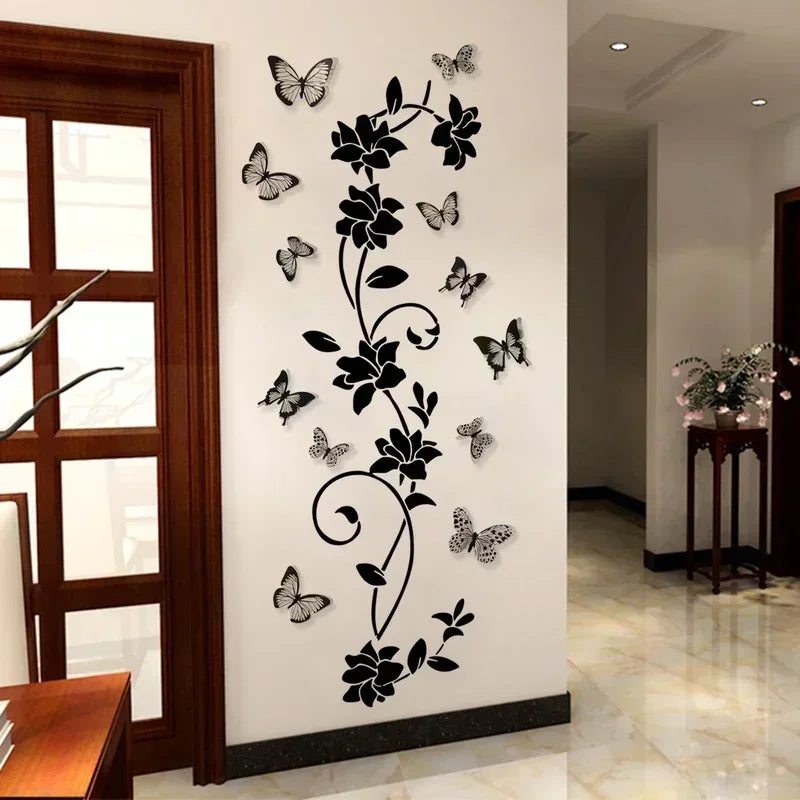 sticker mural 3d fleurs papillons noir moderne adhésif décoration intérieure