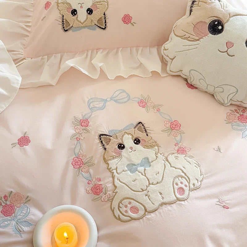 ensemble literie rose broderies chats fleurs ultra doux drap oreillers romantique