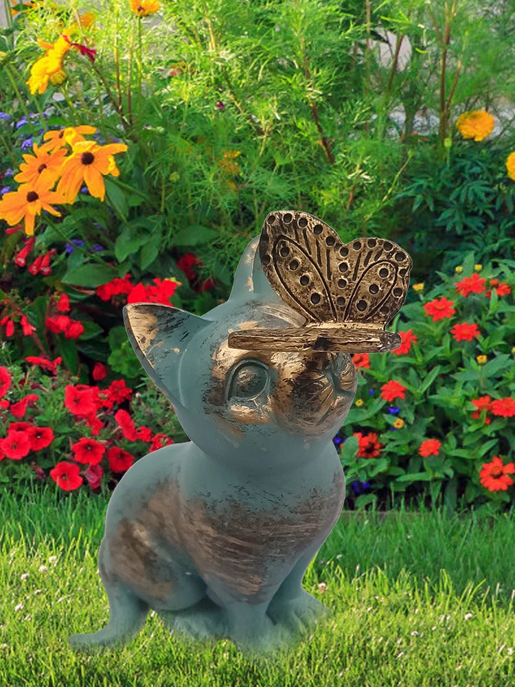 statue chaton papillon résine bleu turquoise doré aspect vieilli patio jardin
