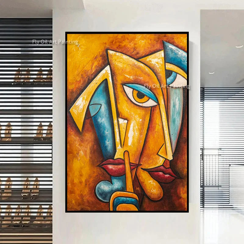 peinture l'huile abstraite contemporaine cubiste géométrique vibrante rouge bleu verte maisonDecorationMurrale