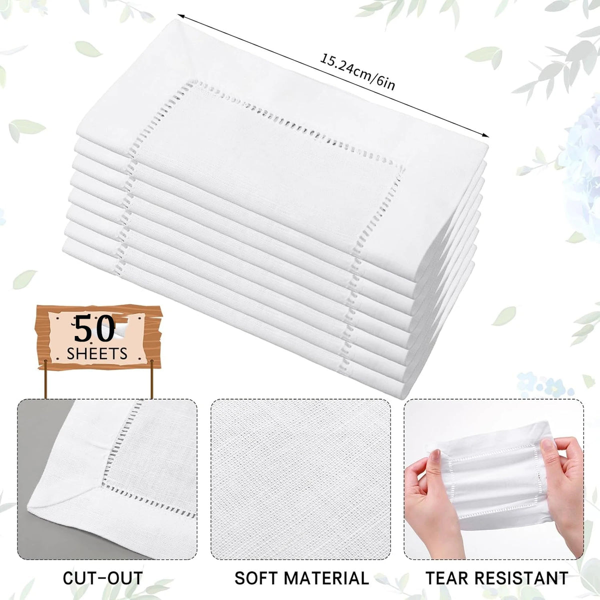 serviettes cocktail blanc classique bordure brodée réutilisables table restaurant 15x15cm pack 6pcs