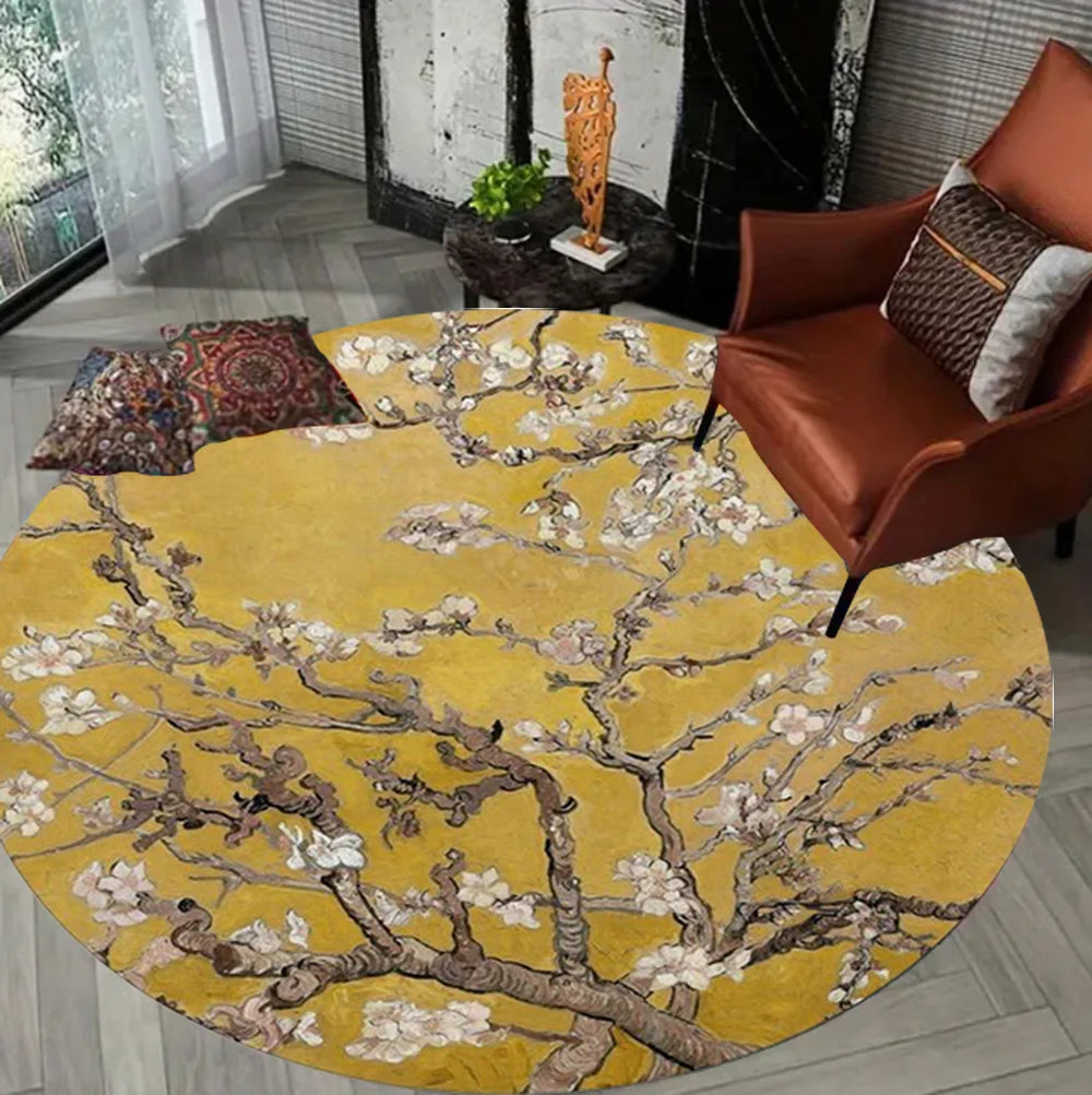 tapis rond moderne fleurs blanches géométrique bleu jaune noir salon chambre