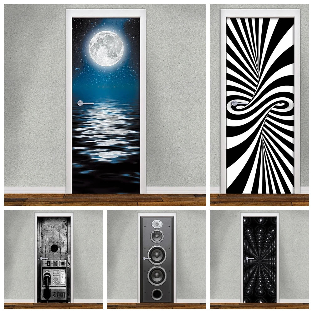 autocollants porte paysage nocturne spirale optique moderne adhésif noir blanc bleu gris beige jaune