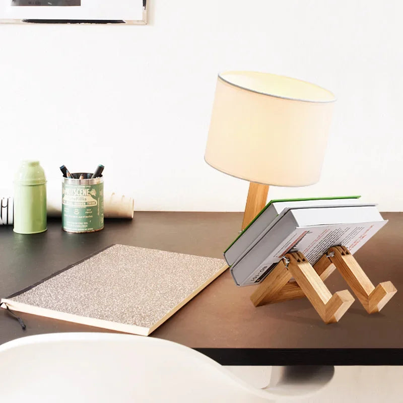 lampe table bois naturel tissu beige moderne minimaliste led ajustable chambre