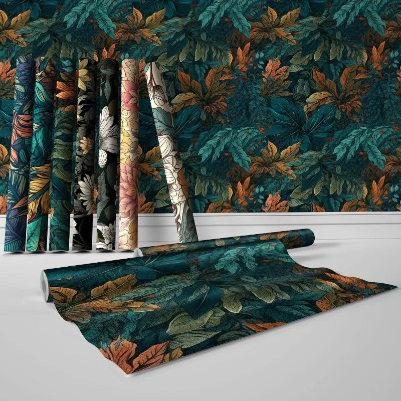 papier peint auto adhésif floral moderne feuilles fleurs vert foncé imperméable résistant l'eau respectueux