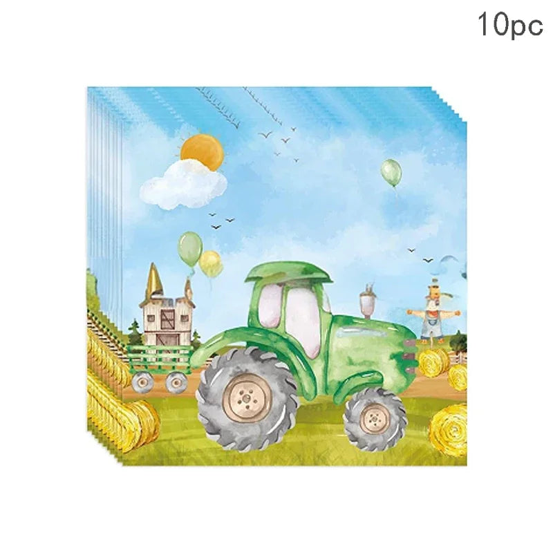 assiettes gobelets serviettes tracteur champ enfants vert bleu anniversaire fête campagne printemps