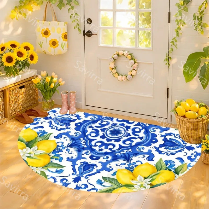 tapis demi circulaire moderne fleurs citrons entrée salon blanc bleu jaune vert noir