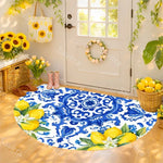 tapis demi circulaire moderne fleurs citrons entrée salon blanc bleu jaune vert noir
