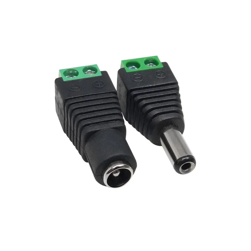 connecteur dc noir vert texturé industriel 5.5mm 2.1mm 2.5mm basse tension fixations visées surveillance