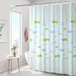 rideau douche poissons pois bleu clair vert jaune moderne enfant ondulé opacité anneaux