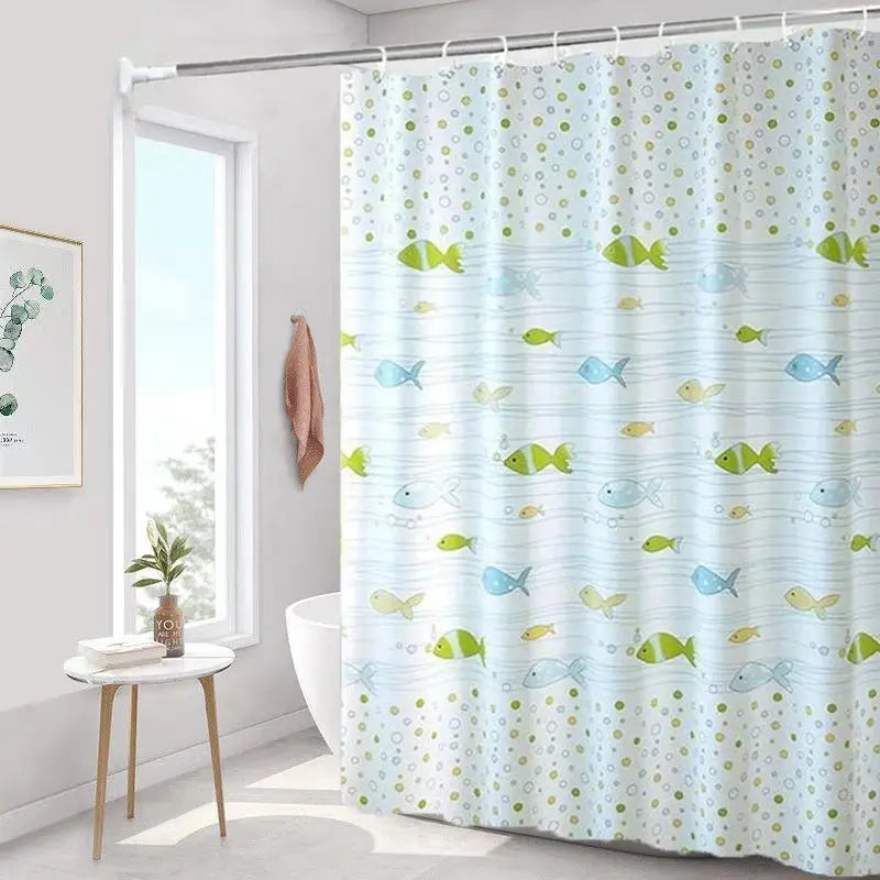 rideau douche poissons pois bleu clair vert jaune moderne enfant ondulé opacité anneaux