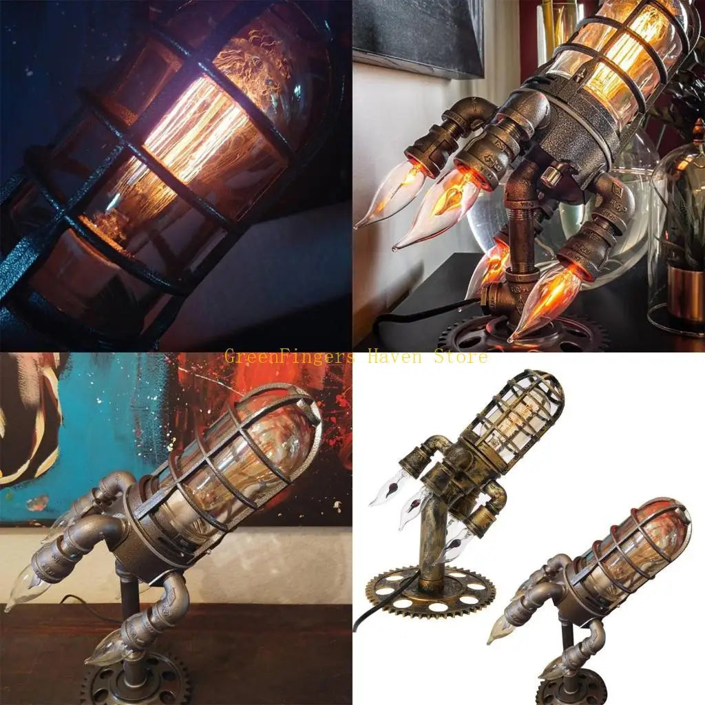 lampe table steampunk marron noir doré verre translucide motifs industriels pied métallique ampoules filament