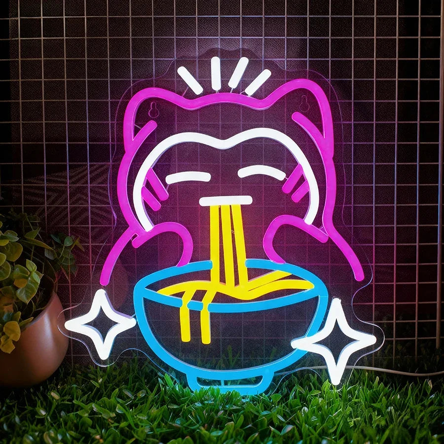 décoration murale néon chat nouilles ramen couleurs vives moderne suspension câbles usb