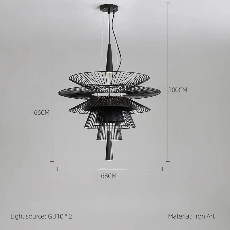suspension lumineuse or noir contemporain minimaliste ampoule led intégrée fixation câbles métal superposé