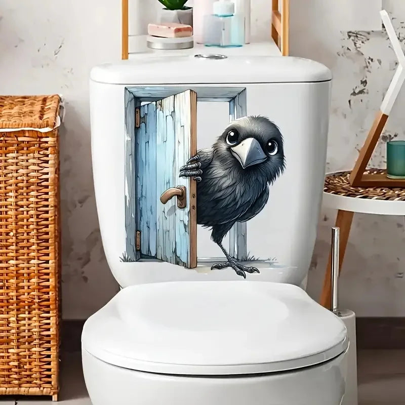 autocollant mural oiseau corbeau porte bois illustration réaliste moderne pvc noir gris bleuclair beigeintérieur
