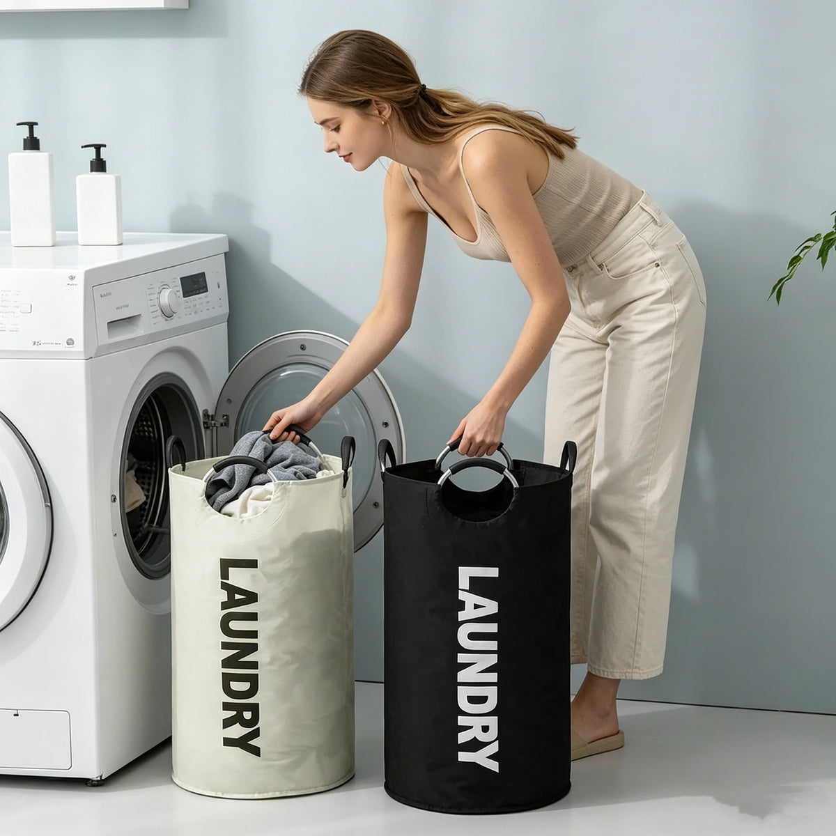 panier linge pliable imperméable beiges noirs texture moderne pratique poignées métalliques almacenamiento ropa reciclaje