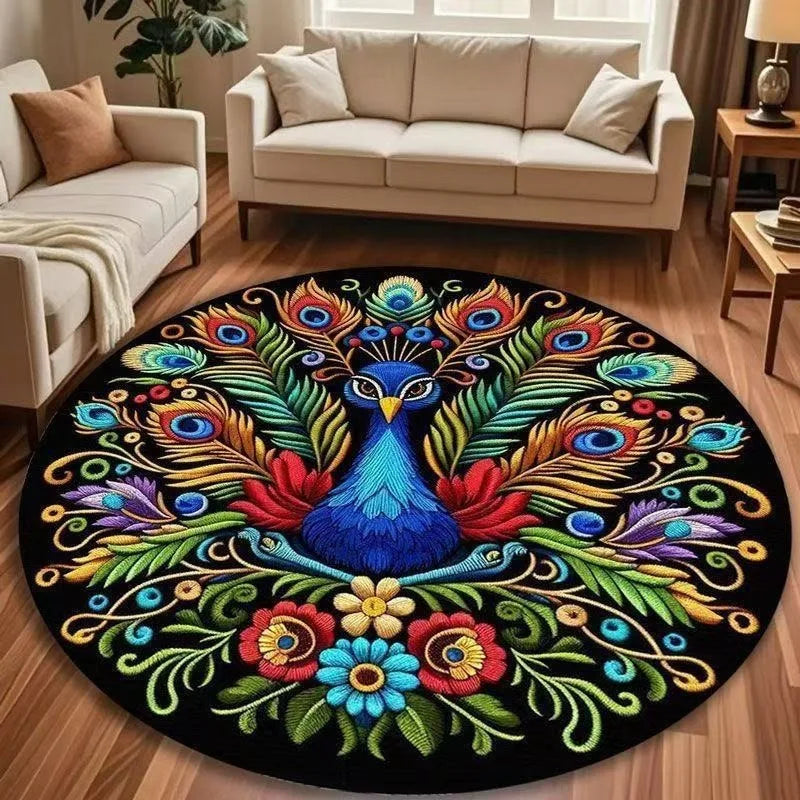 tapis rond moderne paon floral antidérapant salon chambre enfants 120x120cm 80x80cm 40x40cm