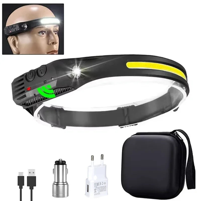 lampe frontale rechargeable led ipx4 camping pêche ceinture ajustable sensor switch noir jaune