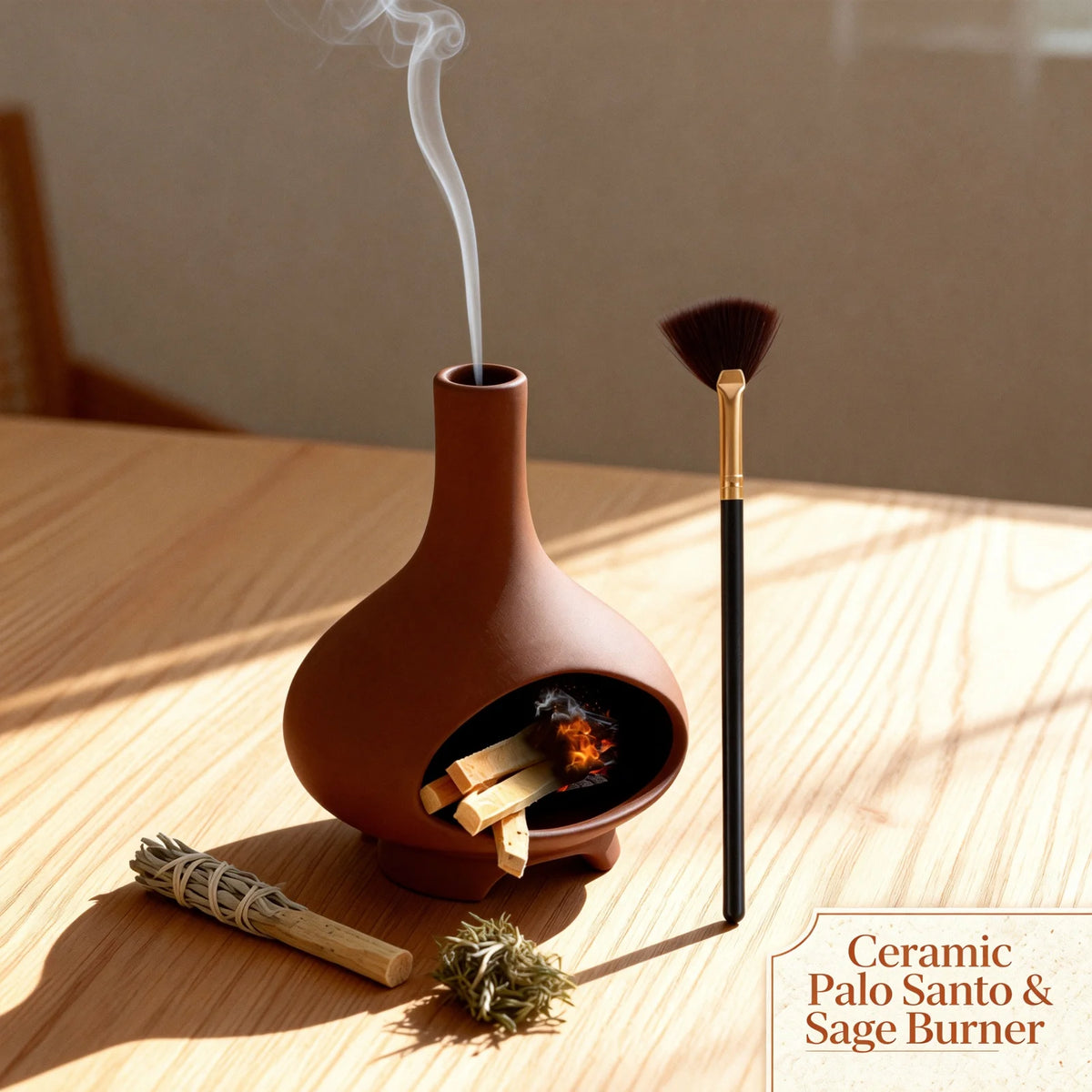 brûleur d'encens marron moderne élégant cheminée céramique méditation décoration intérieure petite brosse apaisante ambiance