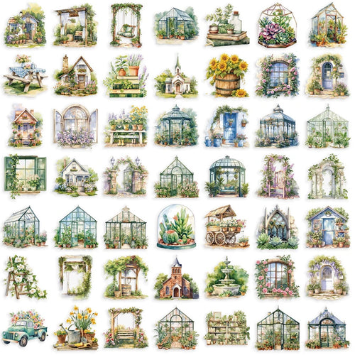 stickers adhésifs multicolores illustrations vintage jardins fleurs serres paysages DIY scrapbooking