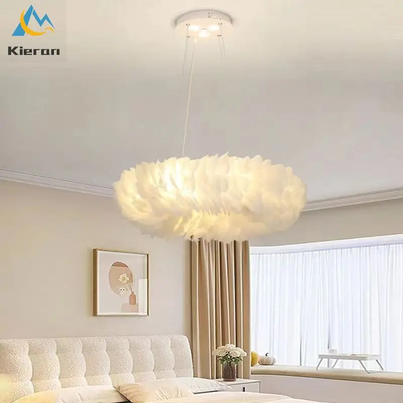 suspension lumineuse plumes blanc moderne 60cm led chaines lumière chambre