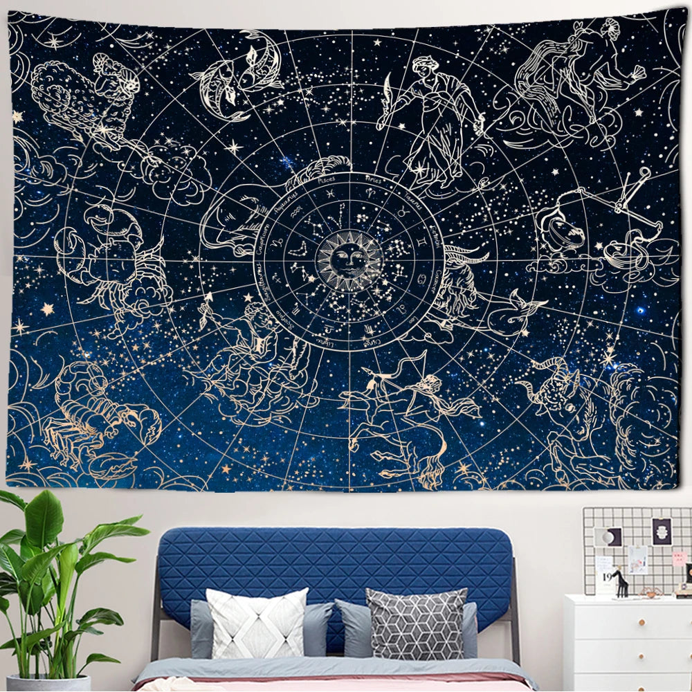 tapisserie moderne constellation bleu or constellations géométriques décoration murale living room tissu polyestère machine