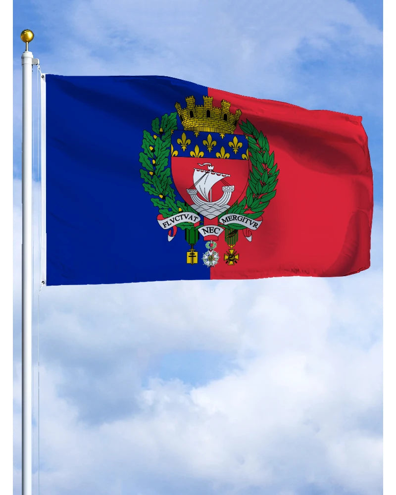 drapeau armoiries parisien bleu rouge super tex polyester couronnes dorées fleurs blanches texte classique