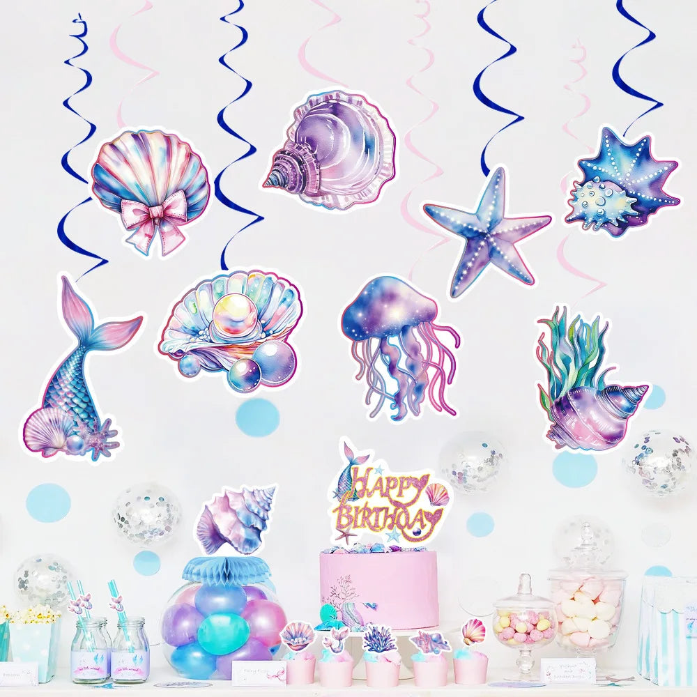 décoration fête anniversaire sirènes coquillages méduses étoiles mer bannières adhésives thème sous marin