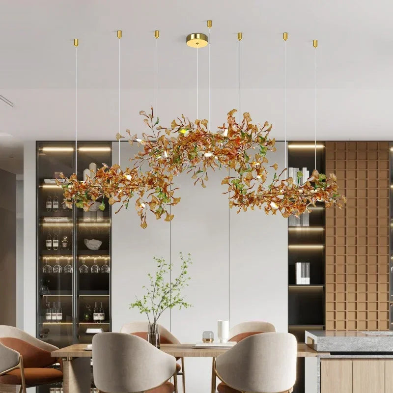 suspension lumineuse moderne feuilles vertes blanches dorées naturelle chambre salon decoration