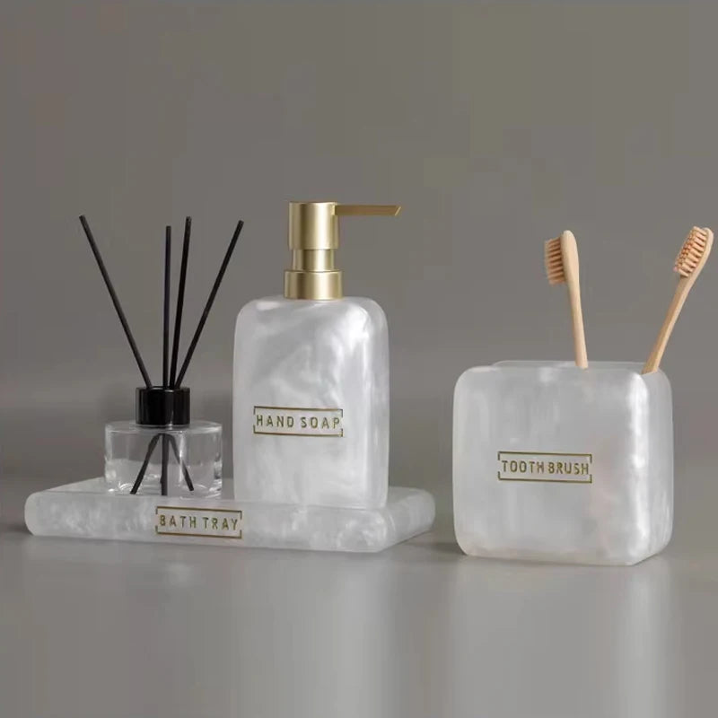 ensemble salle bain blanc or marbre moderne brosse dents savon pompe plateau rangement