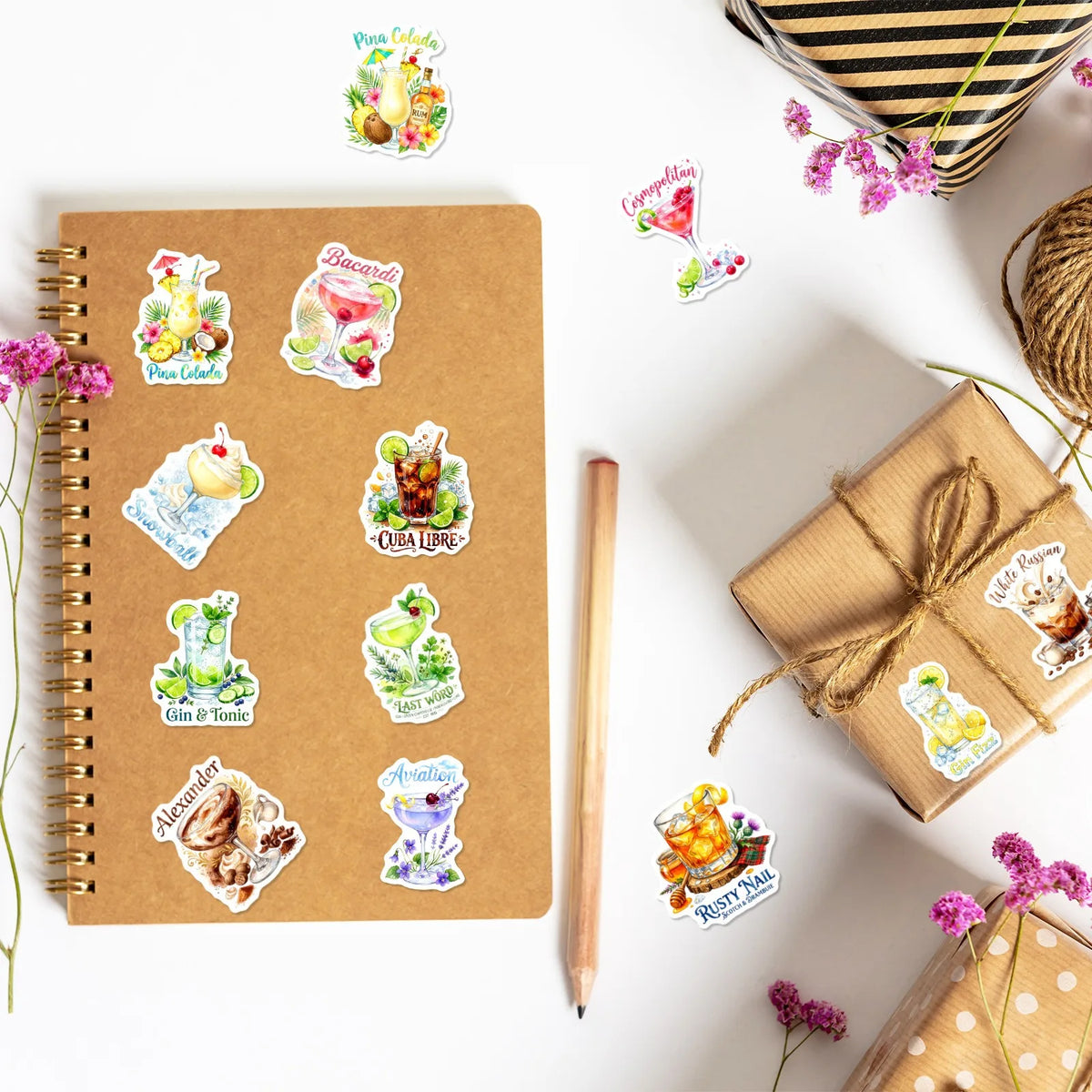 stickers cocktails multicolores illustrations aquarelle fruits herbes aromatiques bar shakers verres pack 50 adhésifs
