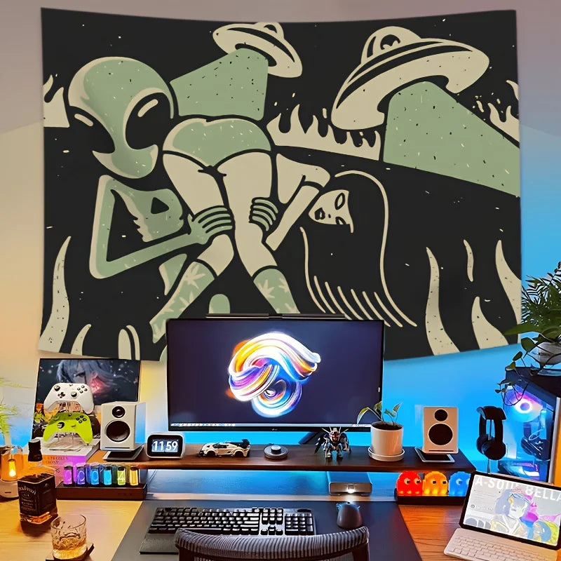 tapisserie cartoon aliens dessin animé noir vert clair tapisserie intérieure clips inclusion