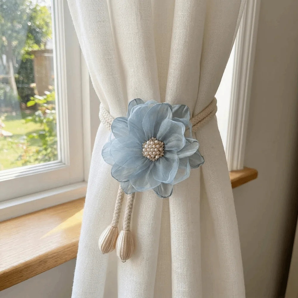rideaux attaches fleurs décoratives beige bleu rouge rose noir tringle chambre coucher