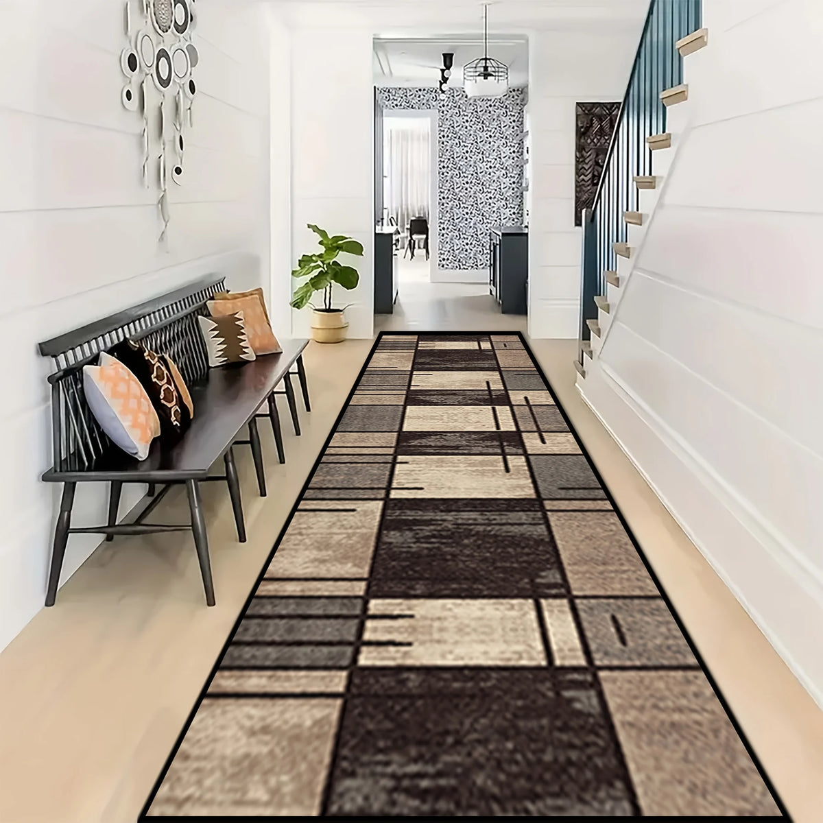 tapis géométrique vintage noir beige gris salon entrée couloir facile nettoyage polyester moderne contemporainextérieur