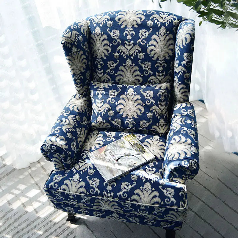 fauteuil classique bleu damassé coussin tissu composite bois sponge chambre salon minimaliste moderne