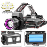 lampe frontale uv 395nm led rechargeable zoomable noir violet blanc