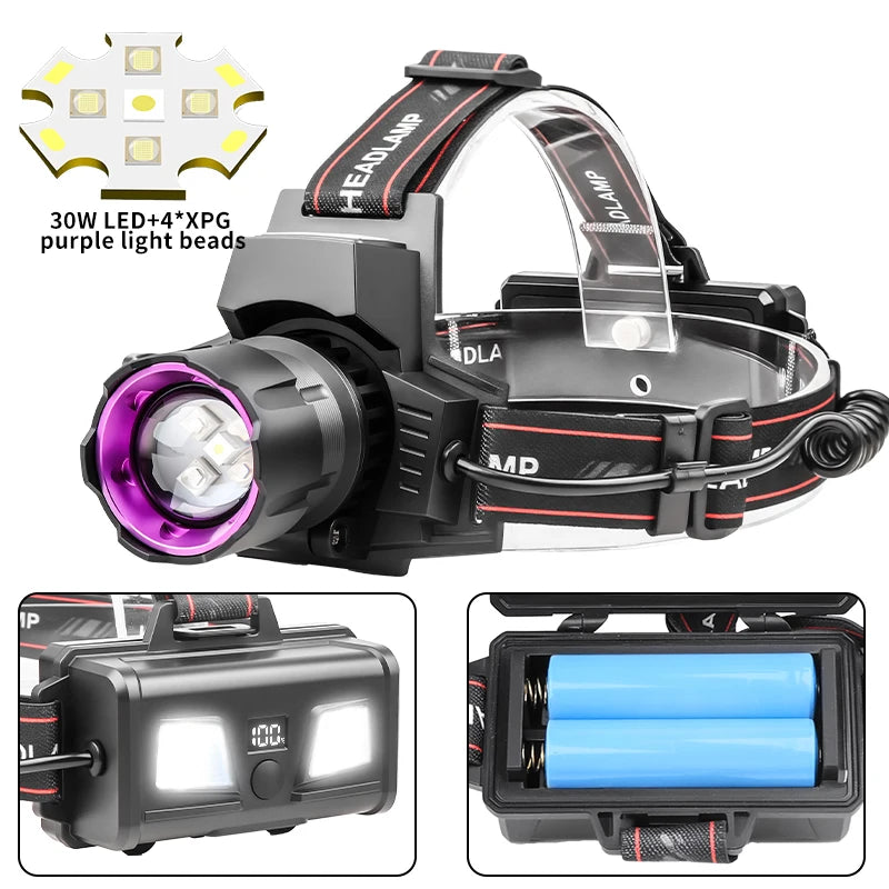 lampe frontale uv 395nm led rechargeable zoomable noir violet blanc
