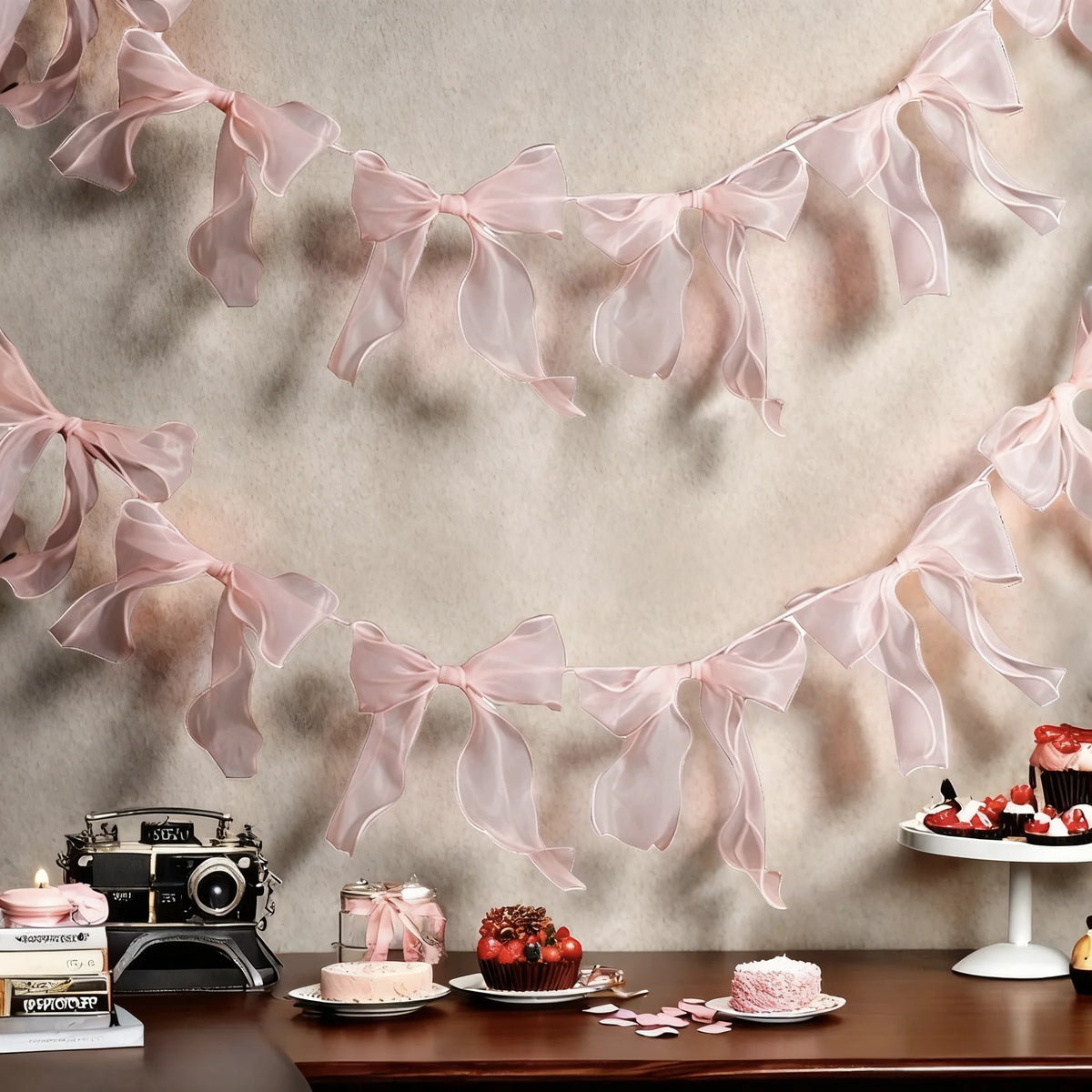 guirlande décorative festives rose noeuds tissu texturé semi transparent mariage anniversaire fille préparation naissance