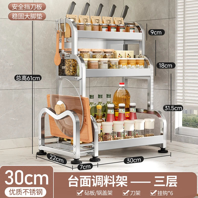 étagère cuisine métal argenté support couteaux bocaux épices rangement comptoir