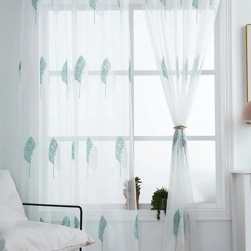 rideau moderne feuilles stylisées blanc vert clair transparent polyester chambre salon