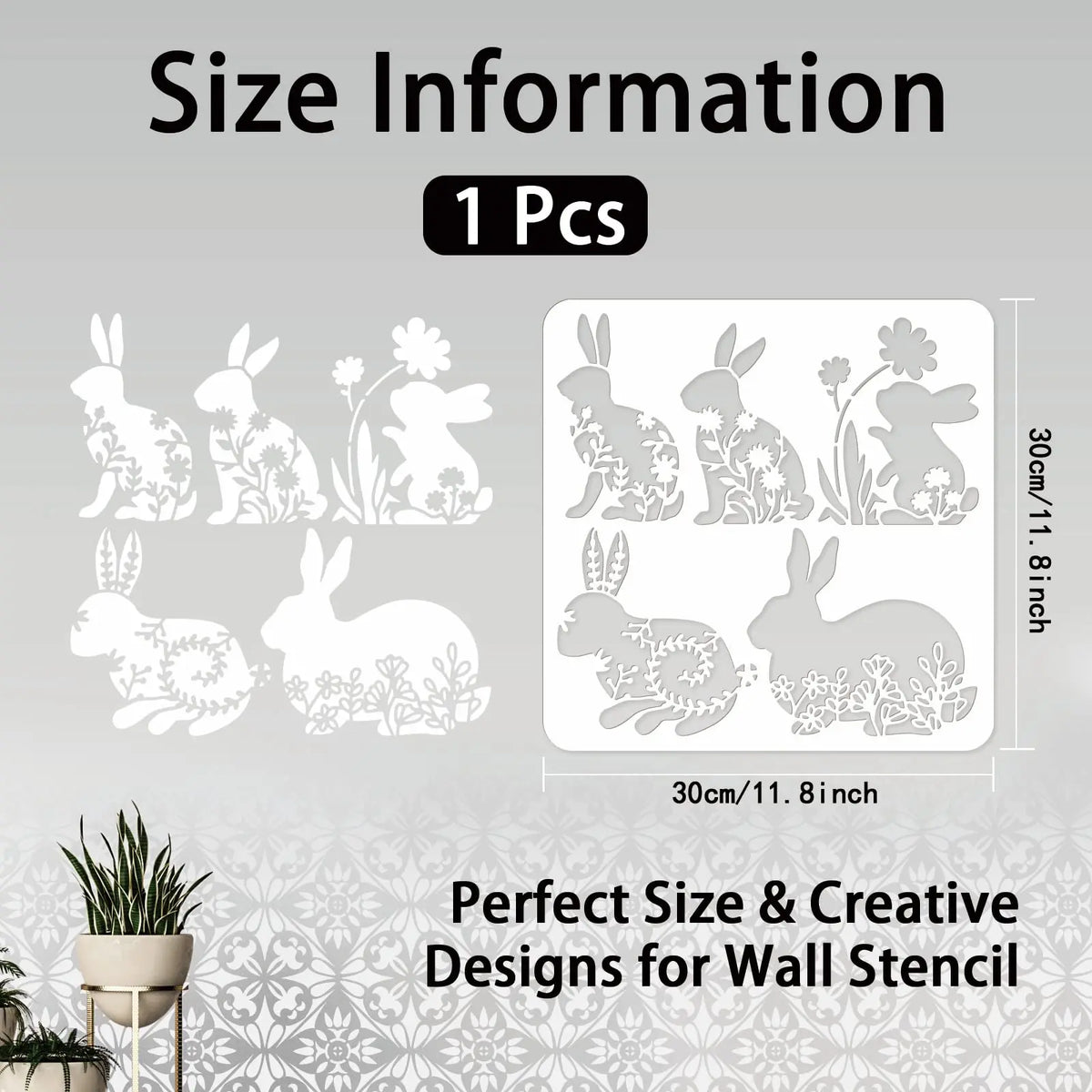 Stencil mural artisanal lapins fleurs texture bois blanc brun clair decoration murale peinture main