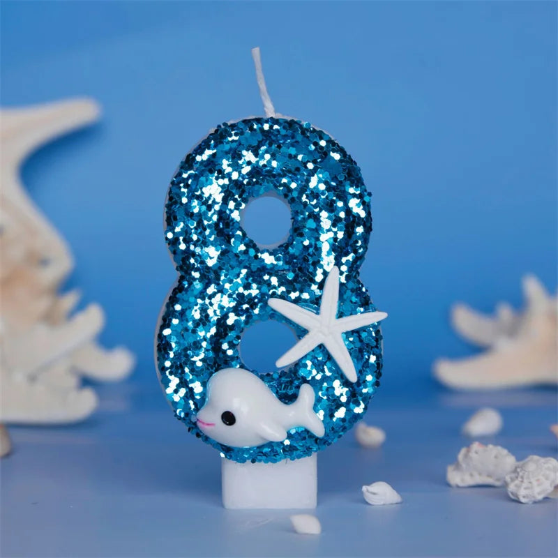 bougies forme chiffre bleu paillette motif marin dauphin étoile mer anniversaire cire paraffine