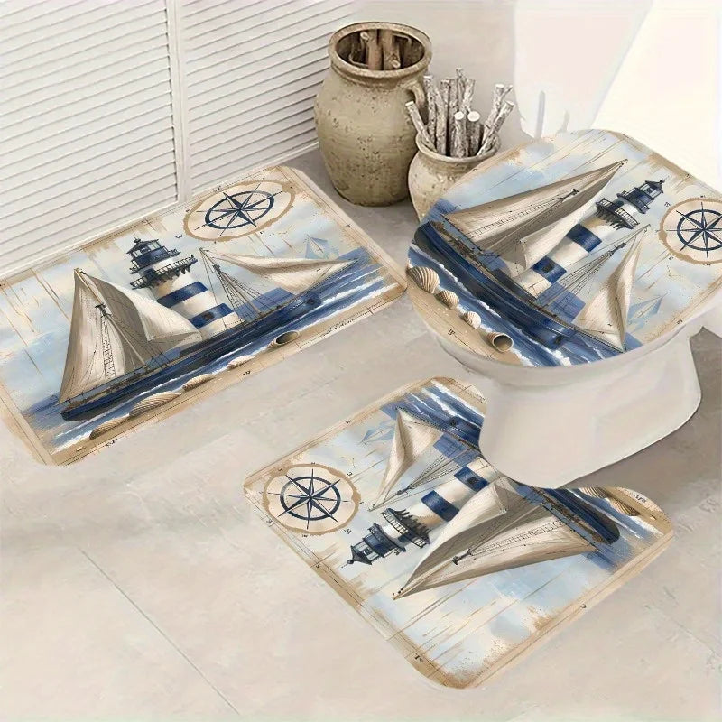 tapis bain thème marin phare voilier boussole anti dérapant beige bleu noir vintage pastoral