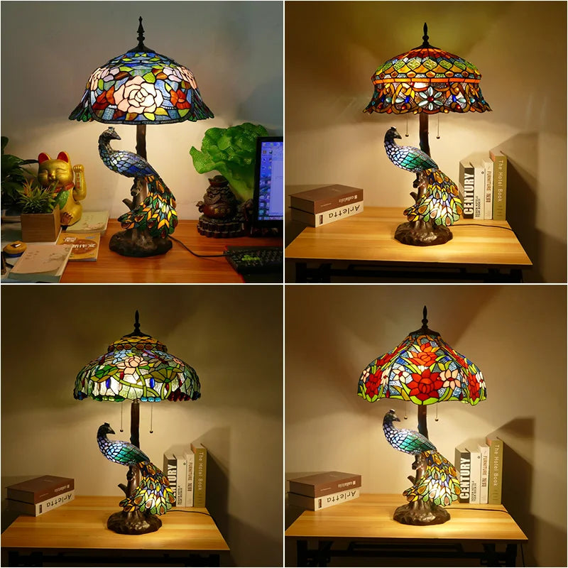 lampe table art nouveau multicolore verre opalescent motifs floraux oiseau sculpté base métal abat
