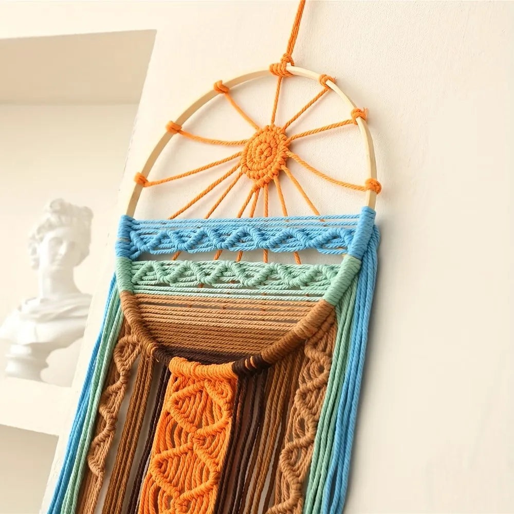 décoration murale bohème dreamcatcher macramé géométrique orange bleu marron artisanal chambre salon
